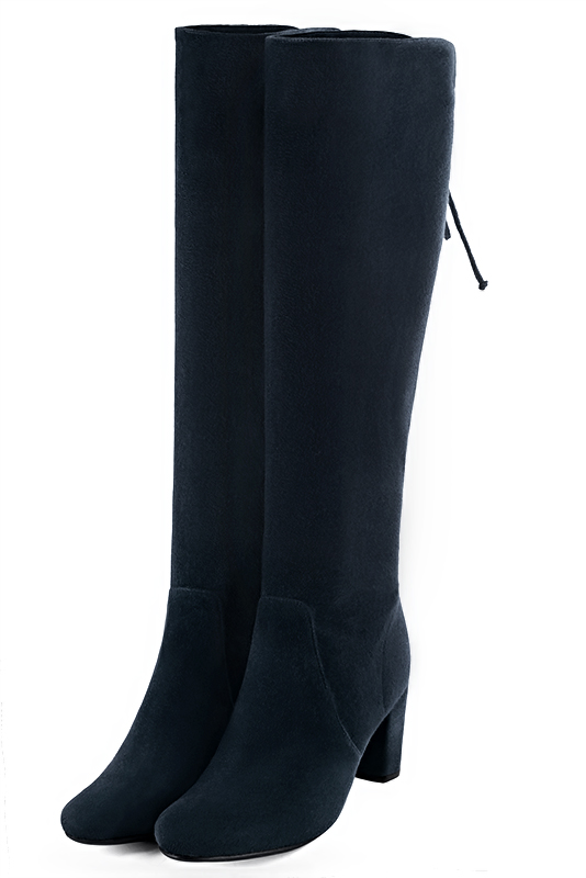 Navy blue women's knee-high boots, with laces at the back. Round toe. Medium block heels. Made to measure. Front view - Florence KOOIJMAN